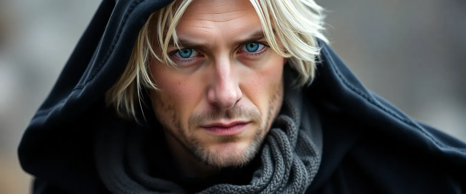 Silver-haired man in his thirties, wearing a dark cloak over modern clothes, with deep blue eyes.