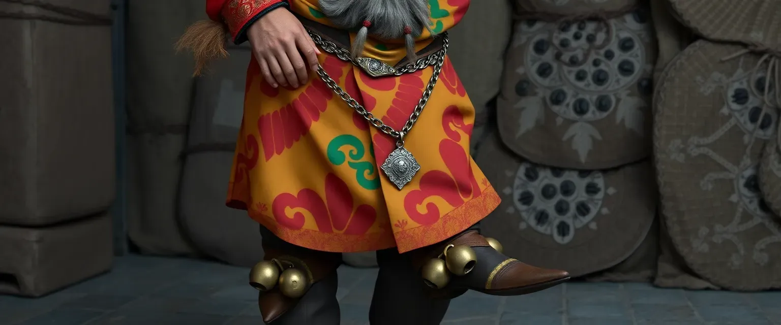 A charismatic Friulian merchant in his 40s, wearing colorful silk clothes and pointy, bell-adorned shoes, with a silver chain of amulets.