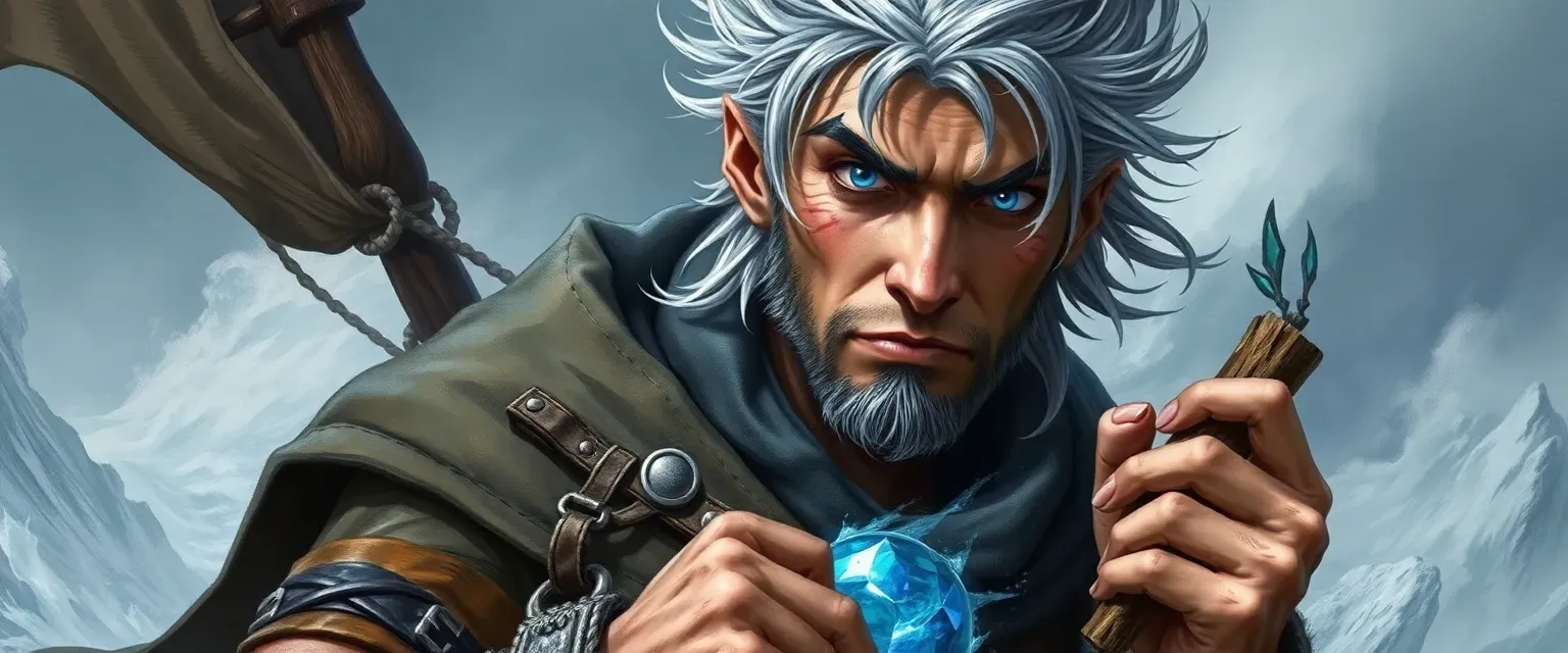 A 35-year-old lean storm sorcerer with wild gray hair, piercing blue eyes, scarred skin, wearing ragged leathers and a sail-cloak, clutching a driftwood talisman.