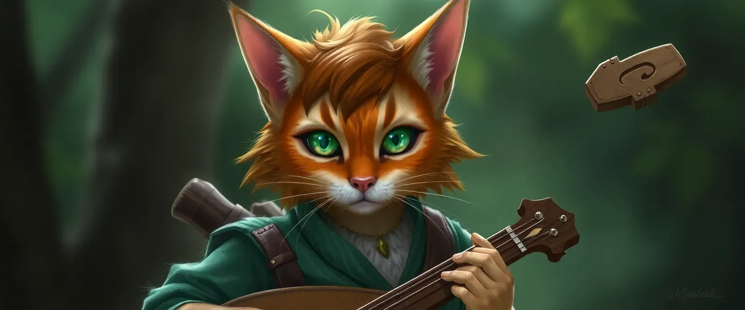 Half-cat wood elf with emerald eyes and chestnut hair, wearing green and brown, carrying a lute.