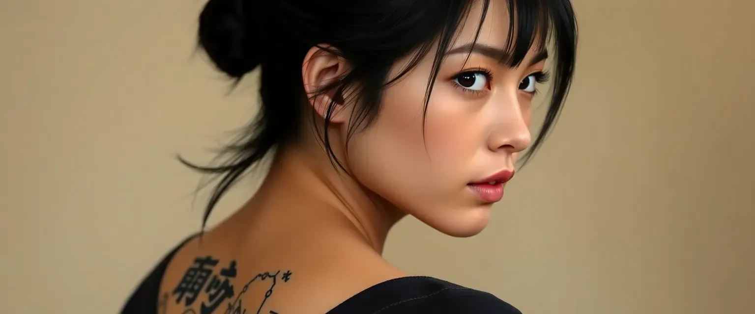 Young Japanese woman, 23, with sharp eyes, black hair in a bun, wearing dark, functional clothes, with a map-like tattoo on lower back.