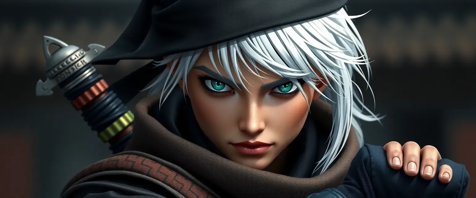 Mid-20s ninja warrior with emerald eyes and silver hair, wearing a mix of traditional and modern gear.