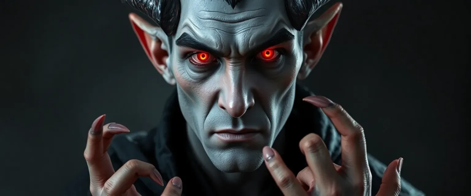 25-year-old half-devil man with gray skin, red glowing eyes, small horns, and claw-like nails, dressed in dark, tattered robes.