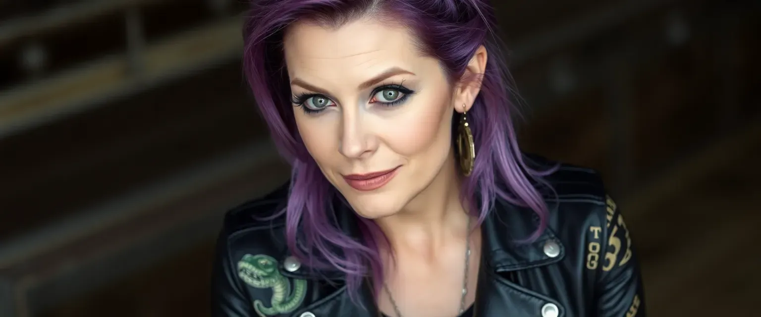 42-year-old woman with purple hair, smoky gray eyes, leather jacket with band patches, snake tattoo on arm.