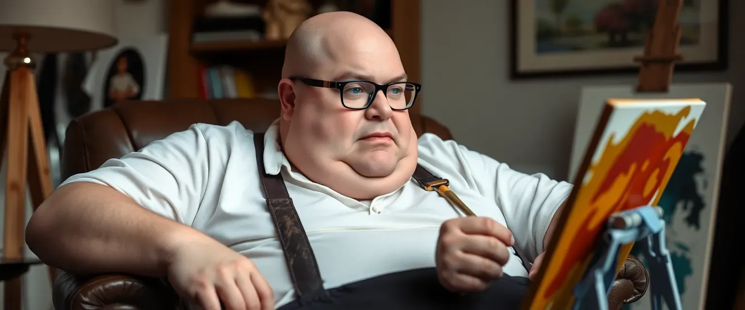 A fat, balding man with autism, glasses, and plump lips, seated in a leather chair, painting.
