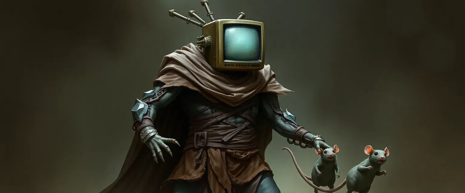 Warforged with a TV head, human-like limbs, wearing a tattered cloak, accompanied by three mice.
