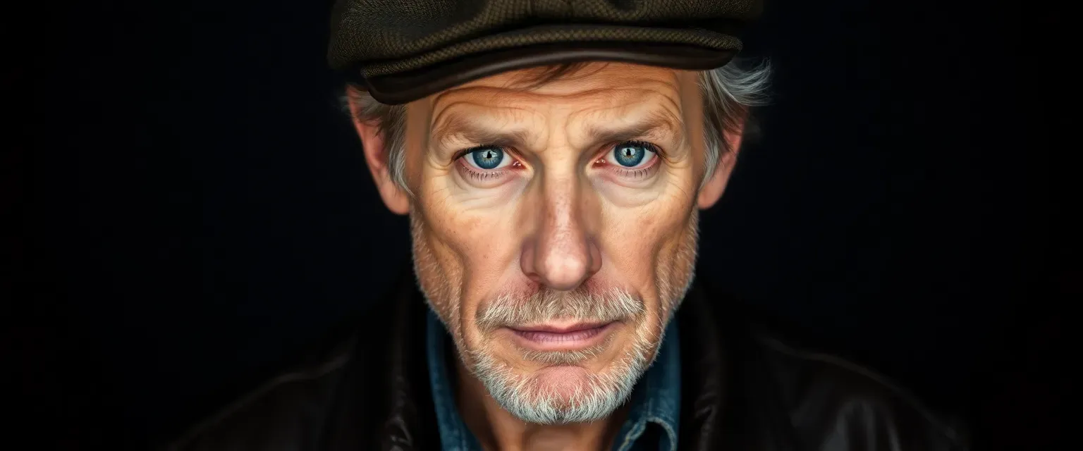 Late 40s man, unshaven, salt-and-pepper hair under flat cap, piercing blue eyes, leather jacket, faded jeans.