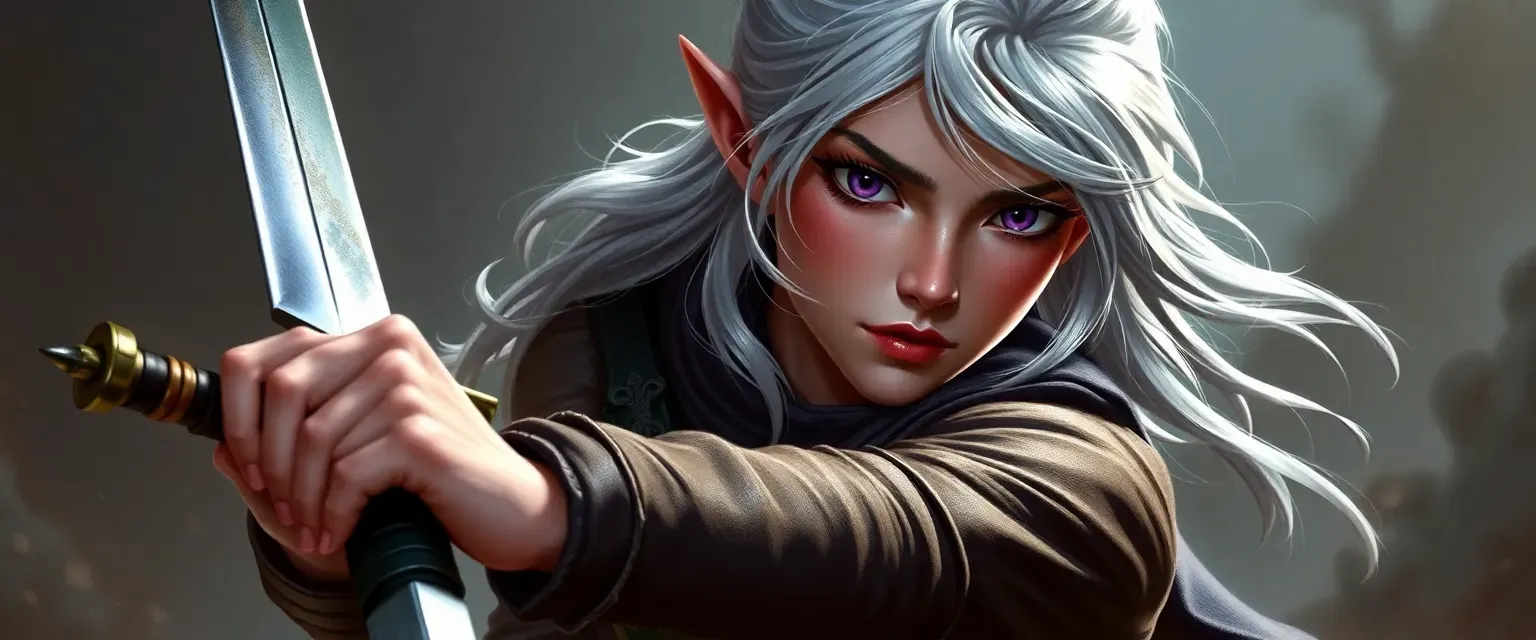 25-year-old half-elf bard with silver hair and violet eyes, dressed in leather and silk, wielding a sword.