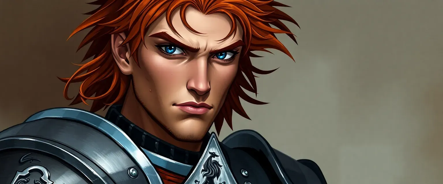 Tall, lean knight with unruly chestnut hair and piercing blue eyes, wearing polished armor with a royal crest and a scar on his left cheek.