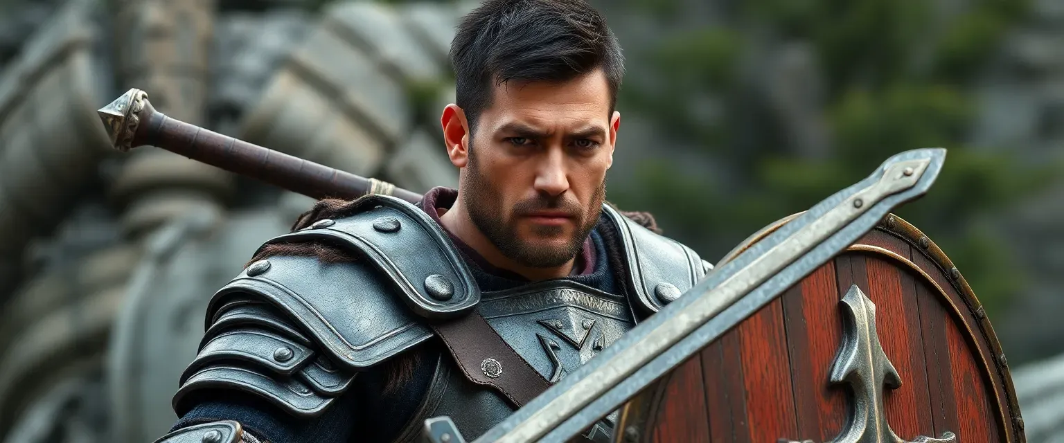 A rugged, muscular man in his mid-thirties with short dark hair and a facial scar, wearing well-maintained plate armor and wielding a longsword and shield.