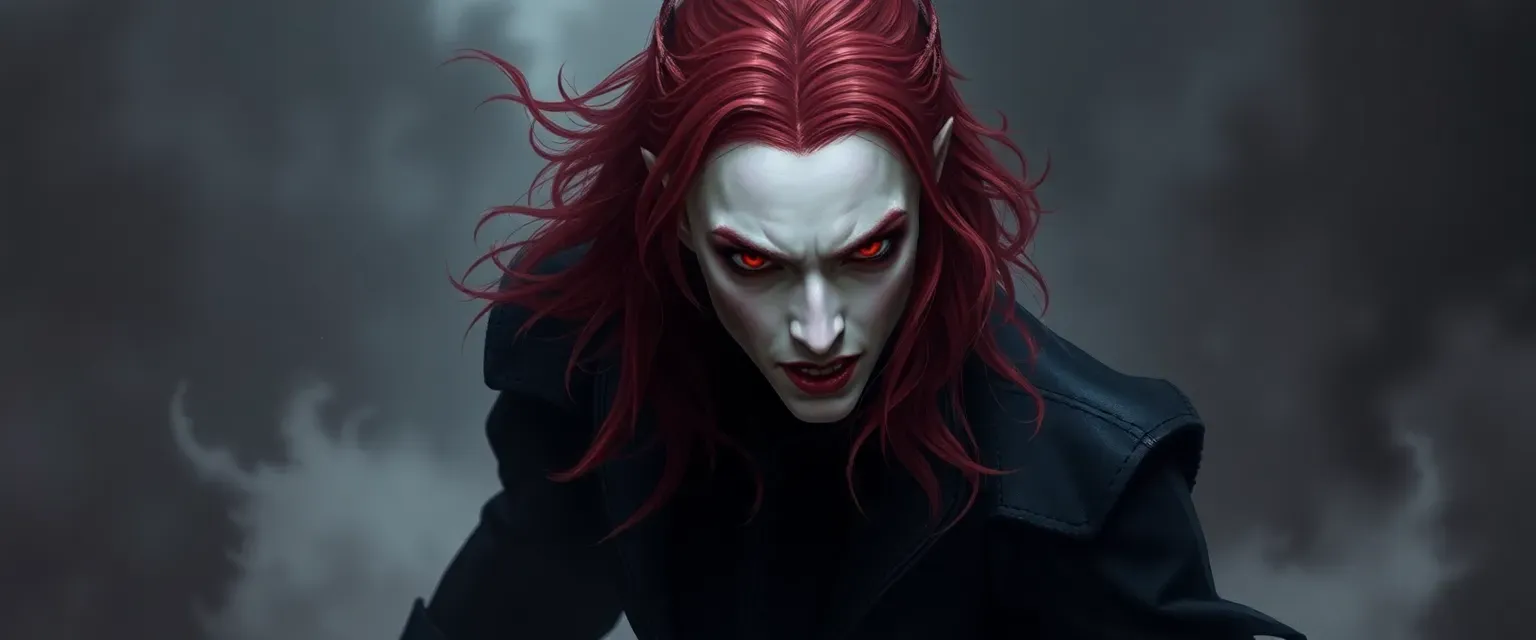 Red-haired vampire with pale skin, red eyes, wearing dark, elegant clothing.