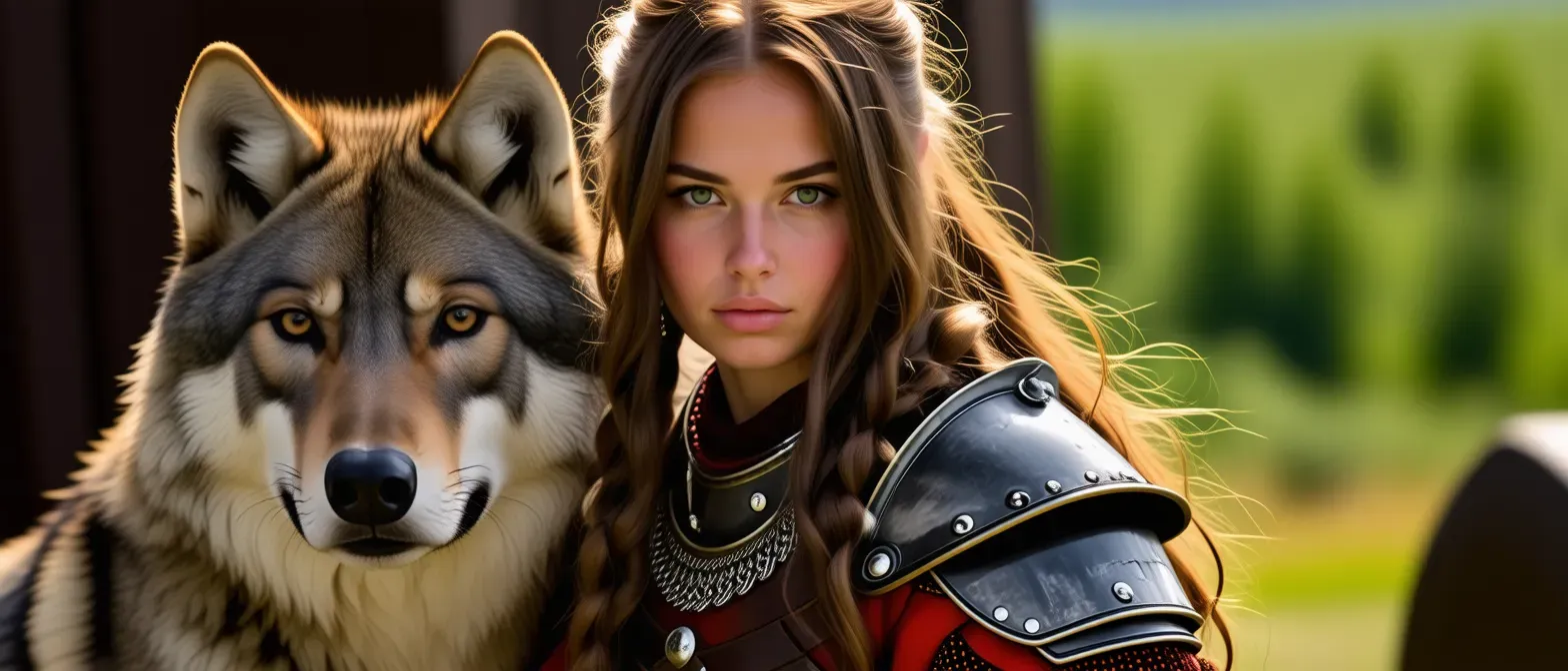 A determined huntress with sun-kissed skin and wild hair, clad in leather armor. A wild wolf stands solemnly beside her.