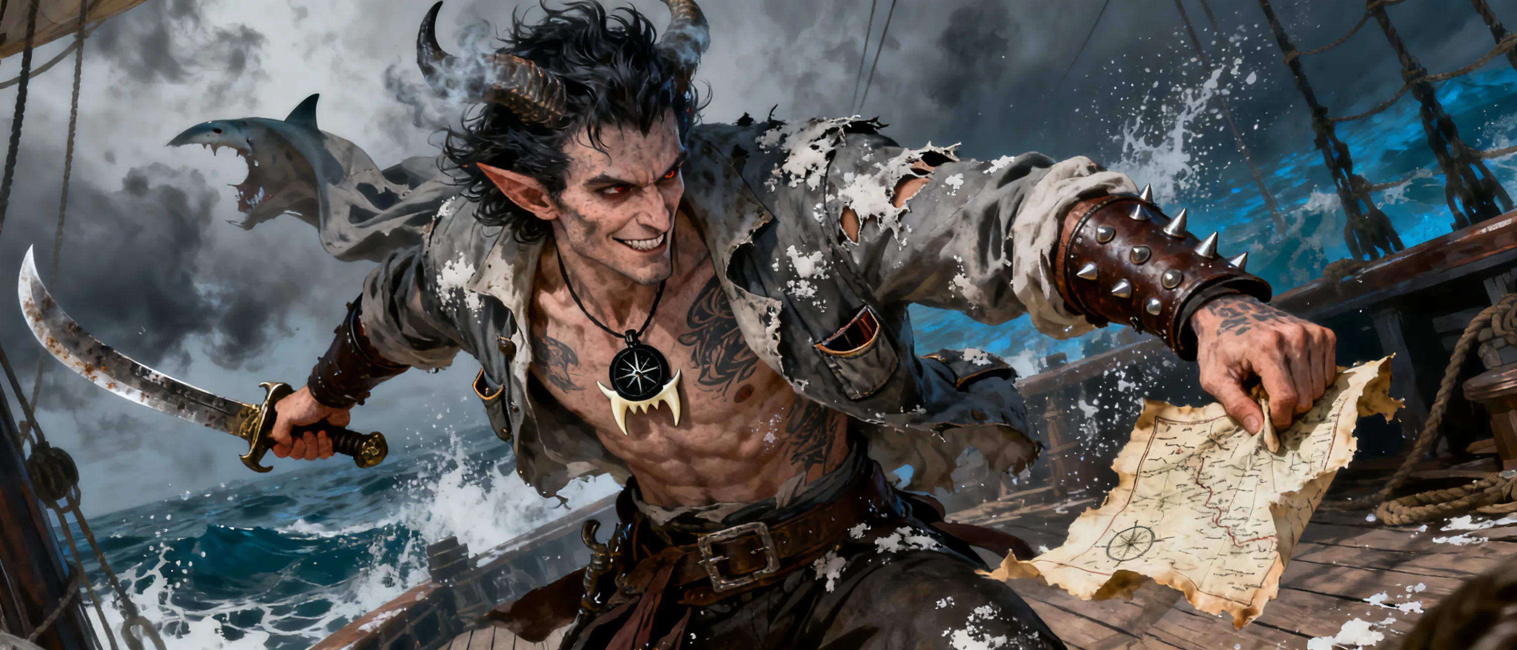 Race: Half‑Orc / Tiefling
 Class: Rogue 1 / Fighter 1 
 Background: Pirate
 Alignment: Chaotic Neutral
 Age: Late 20s
 Size: Medium
 Speed: 30 ft
 Pronouns: He/Him
Weapons
Two War Axes (wrapped in old sailcloth)
Daggers (hidden in coat pockets)
Light crossbow
Armor
Studded leather armor
Torn pirate coat with hidden pockets
Other Gear
Blackened compass that points toward his patron
A vial of faintly glowing seawater
A piece of Liora’s jewelry (kept close to his heart)
Thieves’ tools
A shark‑tooth necklace from his old crew
