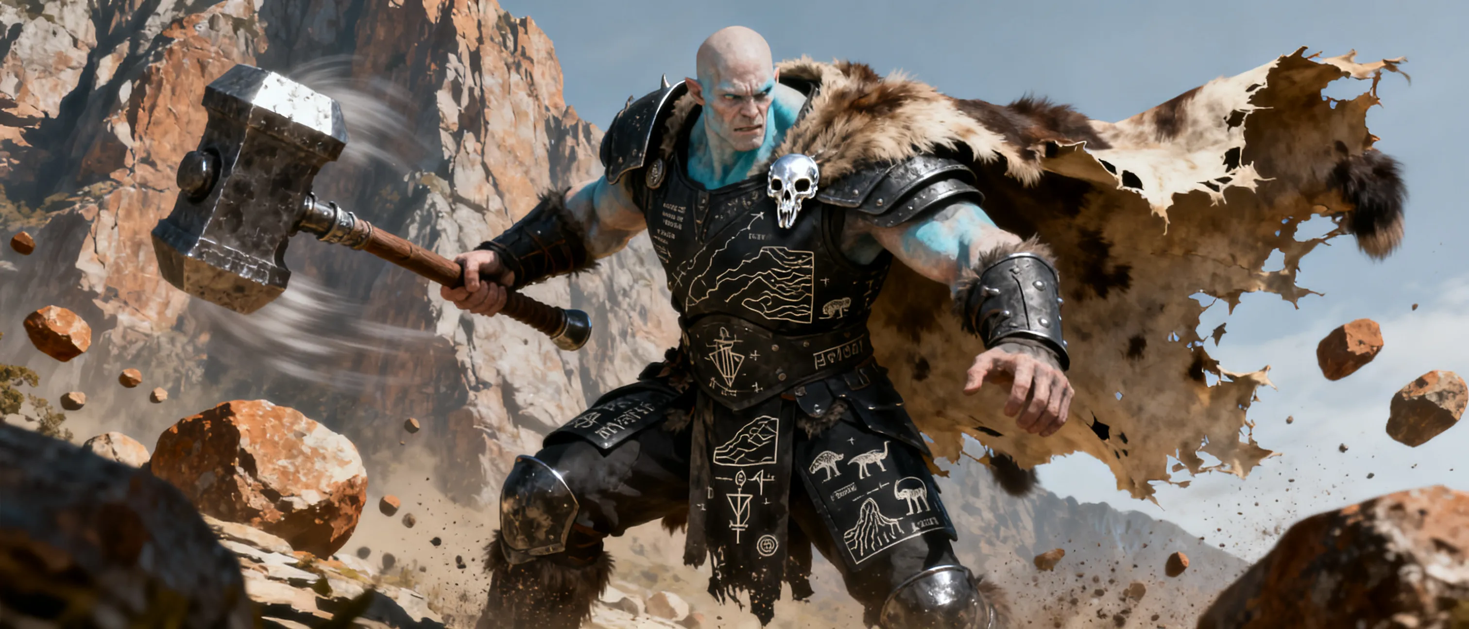 The Figure: A towering, seven-foot-tall giant. He is entirely hairless—no eyebrows, eyelashes, or beard—with skin the color of a "white radish" or a scrubbed infant. He wears a permanent, serene, and terrifyingly wide smile.
The Armor: Instead of traditional shining steel, his plate armor is made of cold, blackened iron or unpolished "charcoal" steel. It should be oversized to accommodate his massive, fleshy frame.
Inscriptions: Rather than holy scripture, the armor is etched with complex geological diagrams, strange ancient runes, and sketches of prehistoric creatures—reflecting his obsession with recording and thus "owning" the world.
The Cloak: A heavy, floor-length mantle made of tattered buffalo hide or dark, sun-bleached velvet, pinned with a silver brooch shaped like a human skull or a scale that is permanently unbalanced.
