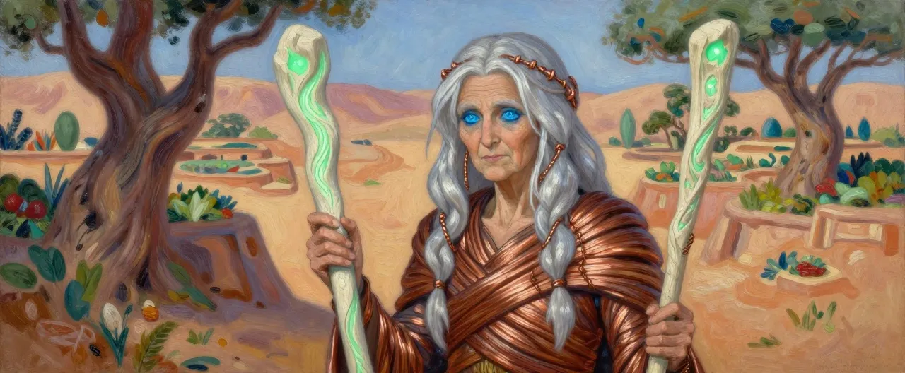 An elderly human woman with deep-blue eyes like still water and silver hair braided with copper wire, wrapped in layered reed-and-copper robes of Last Root make, leaning on a staff of pale white wood carved with river-runes that glow faintly green at dawn; behind her, terraced gardens and twisted living trees cling to a desert notch.