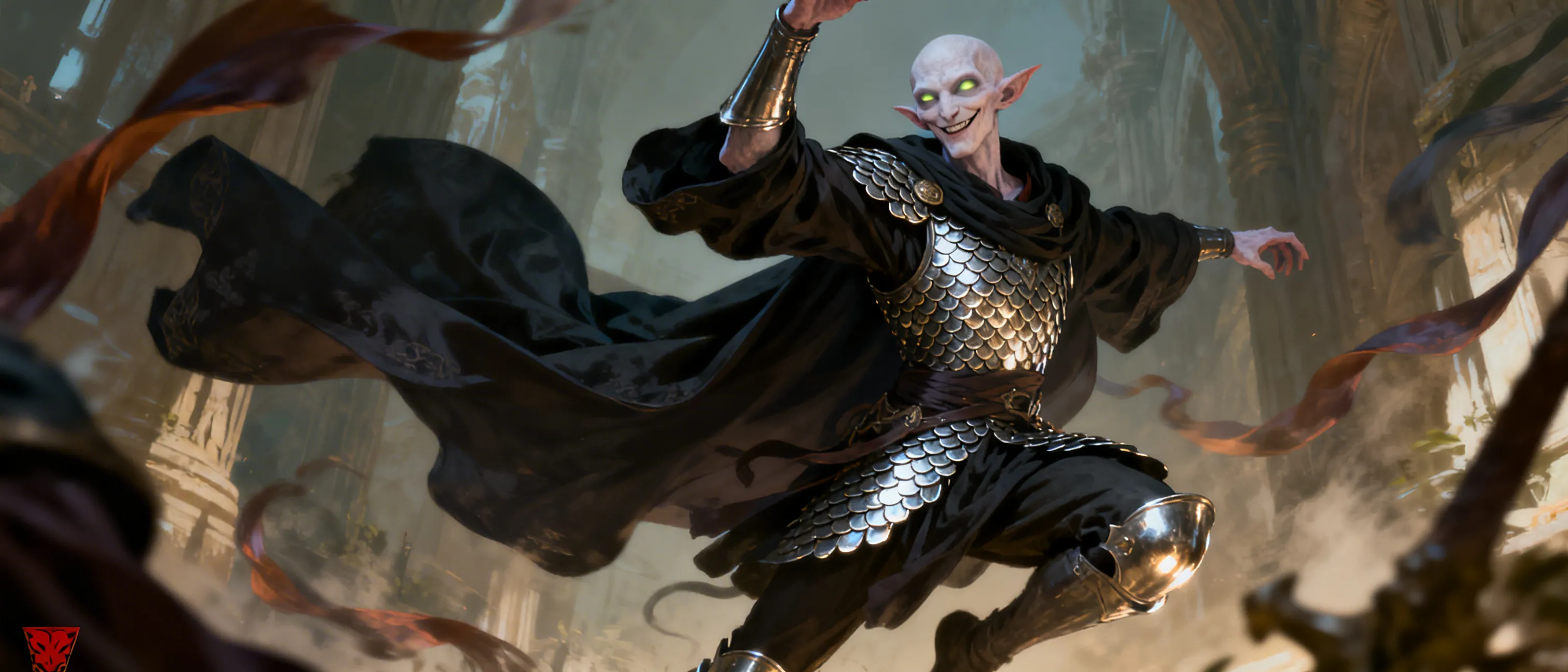 A pale, wiry figure with an uncanny half-glow to their eyes, draped in dark, tasteful robes and a suit of gleaming scale mail. Their features hint at a beguiling smile and a hidden slyness.