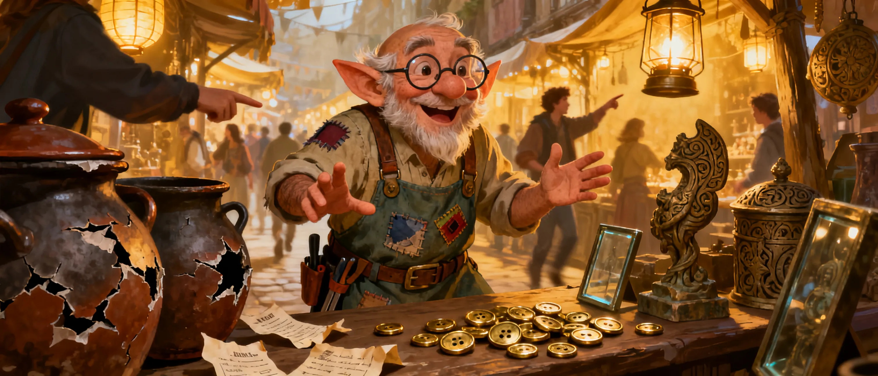 A cheerful gnome stall-owner in patched apron, round glasses, and tool belt, surrounded by repaired pots, brass buttons, old receipts, and curious relics in a crowded lantern-lit bazaar aisle.