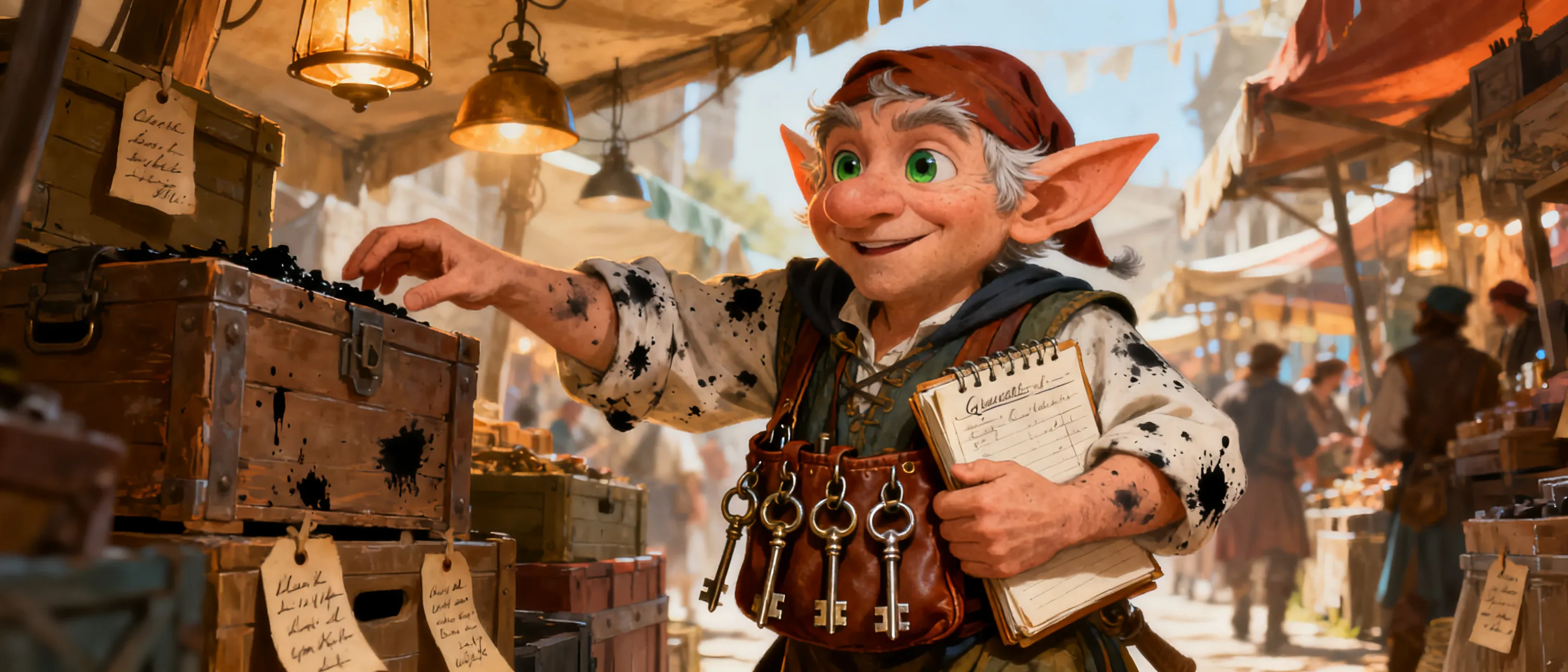 A bright-eyed gnome quartermaster with ink-stained sleeves, seven jangling key-pouches, and a ledger tucked under one arm, standing amid crowded bazaar aisles of crates, lamps, and handwritten tags.