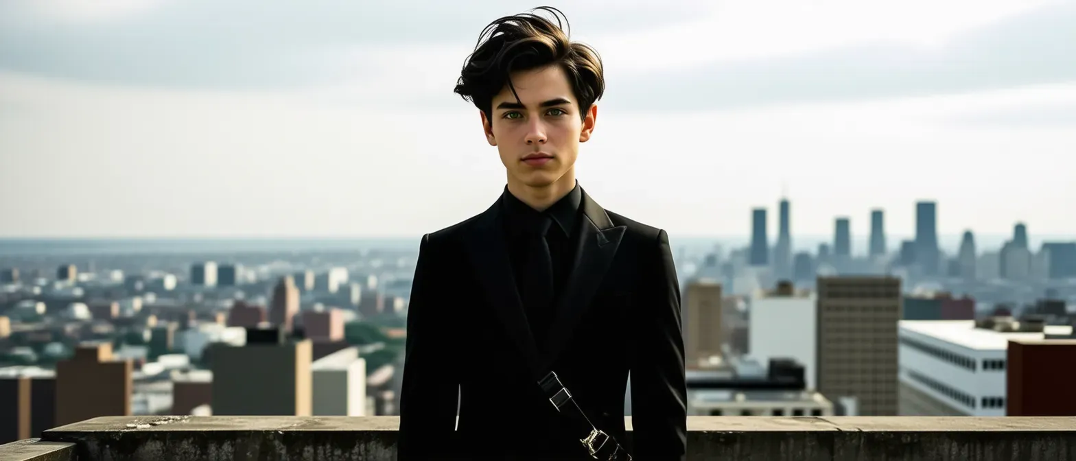 A young half-elf with tousled dark hair, wearing a sleek black suit that resembles a modern take on a superhero costume. His eyes are a bright green, filled with curiosity and determination. He has a lithe build, showcasing agility, along with a utility belt filled with gadgets and web-like devices. He stands confidently atop a building, the city skyline behind him.