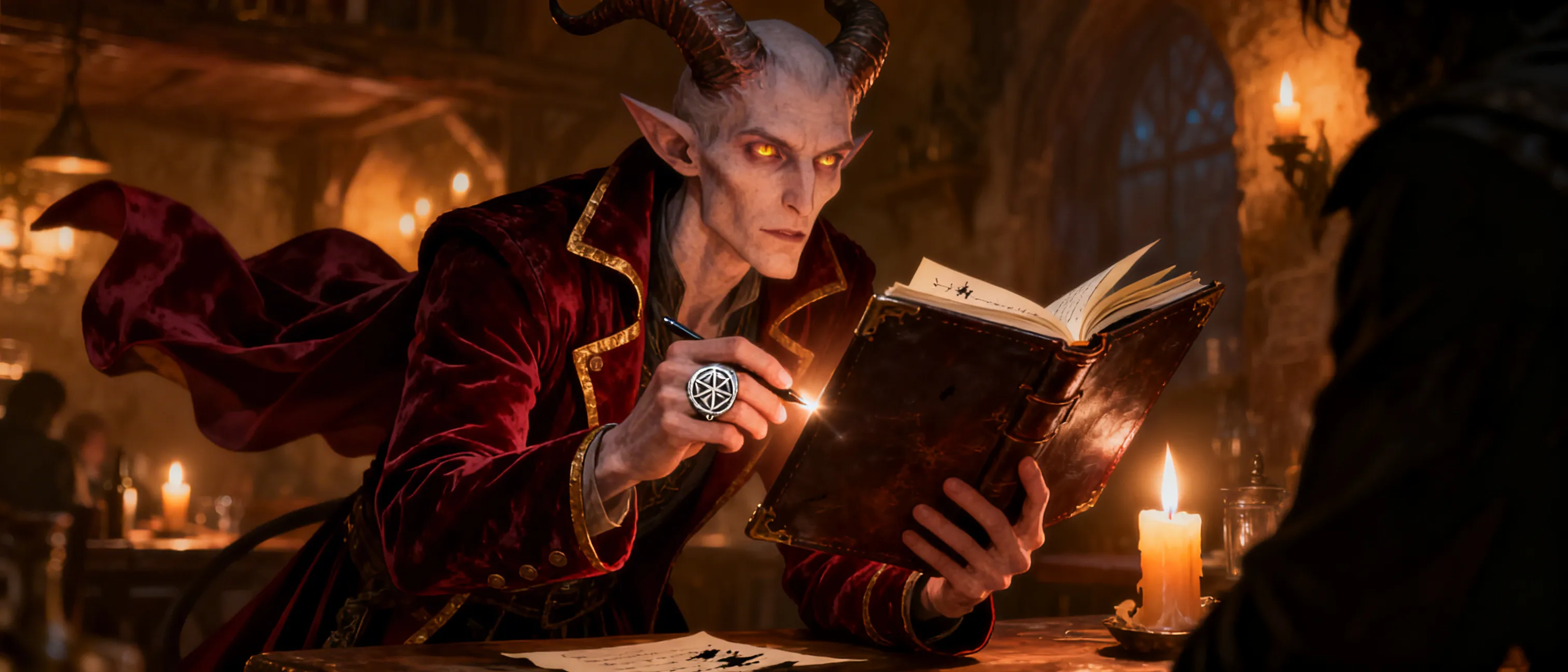 Silas Veyr (level 20 warlock)
In candlelit taverns and moonlit crossroads, Silas Veyr appears as a courteous gentleman in a velvet coat, ledger in hand. He offers desperate souls precisely what they seek—lost love returned, enemies ruined, fortunes restored—with elegantly penned contracts. Yet every clause hides a razor edge: joys curdle, victories ring hollow, and the price extracts not just souls but the essence of what made life worth living. Rumors whisper Silas was once a mortal duke who signed his own name in blood to save his plague-stricken duchy, awakening as an eternal collector in Asmodeus’s service.