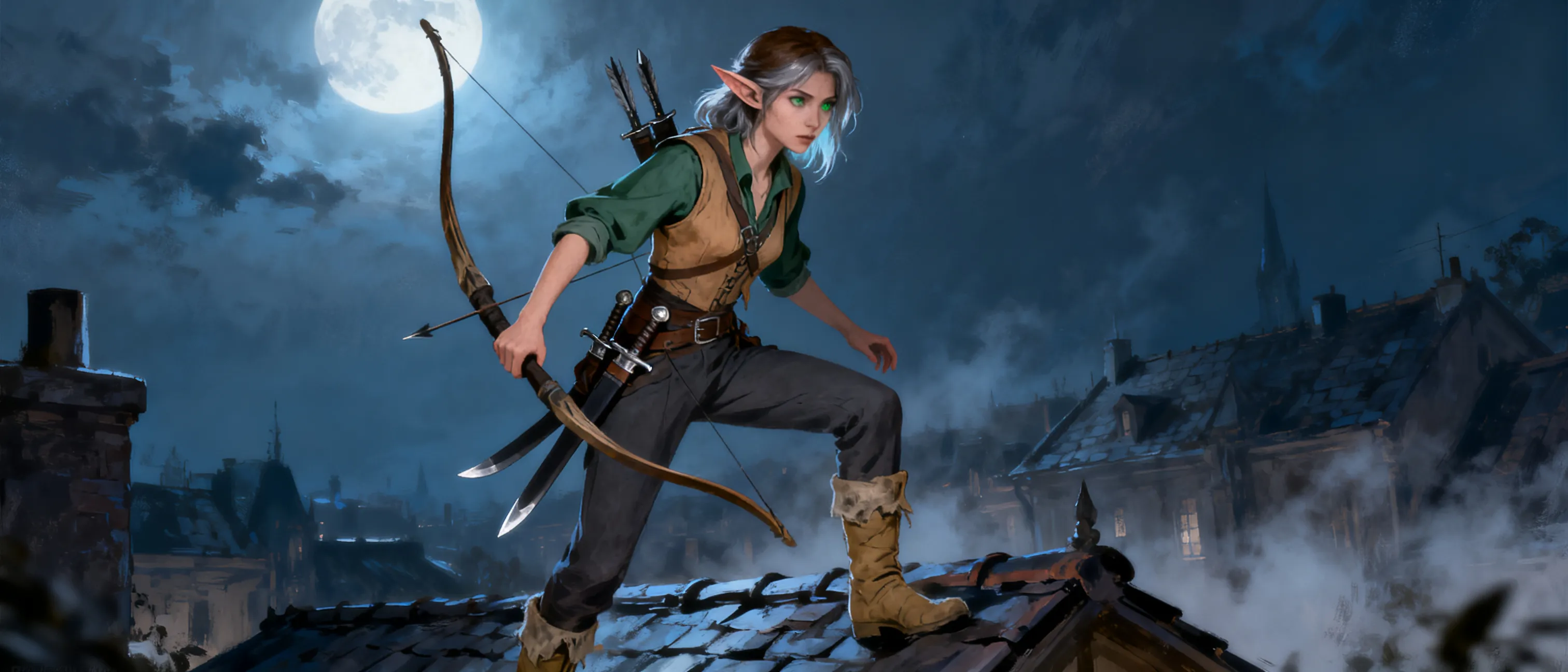 wood elf, 20, ran away from home when she was 13, friend died for her, lived on the streets for a few years before joining a thieves guild, where she quickly becomes a legend. Ash-brown hair (silver tint in moonlight), fair skin, dull green eyes, slightly pointed ears, moss-green blouse under a light brown vest, charcoal pants, scuffed light brown boots. Favorite weapons: shortbow, daggers.