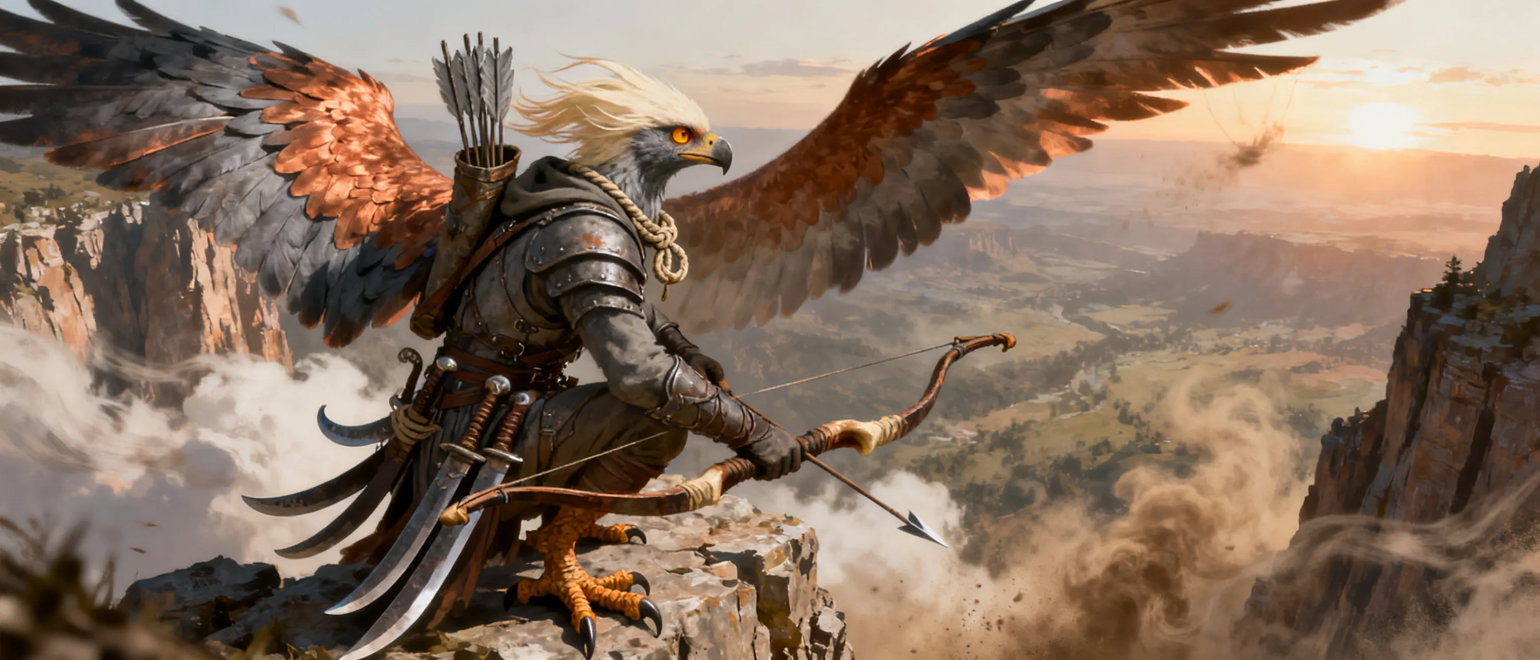 A lean, hawk-blooded aarakocra ranger perched on a wind-scoured cliff spire at dawn. Copper-and-slate feathers, a pale cream crest swept back by the wind, sharp amber eyes scanning the valley below. He wears oiled leather armor dyed storm-gray, a battered longbow of horn and yew slung across his back beside a quiver of gray-fletched arrows, and two curved daggers strapped at his hip. A faded rope-and-knot charm — the mark of his old smuggling crew — hangs at his throat. Taloned feet grip the stone; his wings half-spread, catching the first thermal of the morning. Painterly digital illustration, dramatic backlighting, dust and cloud below.