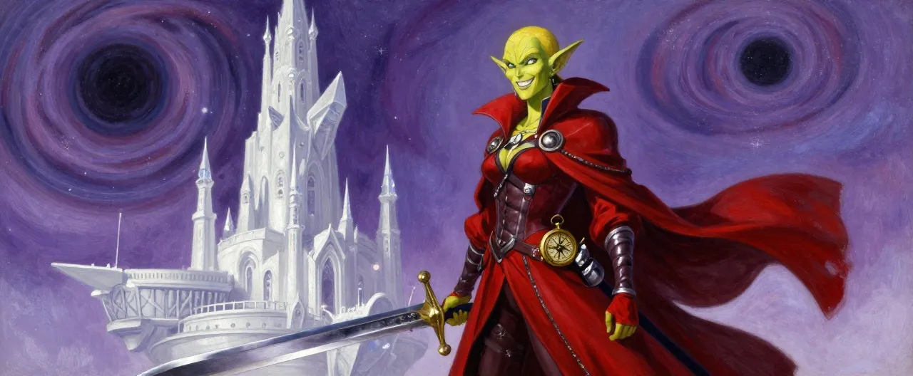 A tall, wiry githyanki woman with sharp yellow-green features, pointed ears, and a calculating smile, standing on the deck of a githyanki pirate ship sailing a silver void of drifting stars. She wears a long scarlet captain's coat over piecemeal half-plate armor scavenged from a dozen wrecks, a great silver greatsword hanging at her hip, and a battered navigator's compass at her collar. Behind her, a massive white citadel with crystal spires floats against swirling nebulae and a distant black hole. Painted digital art, dramatic cosmic lighting, rich reds against silver-violet starlight.