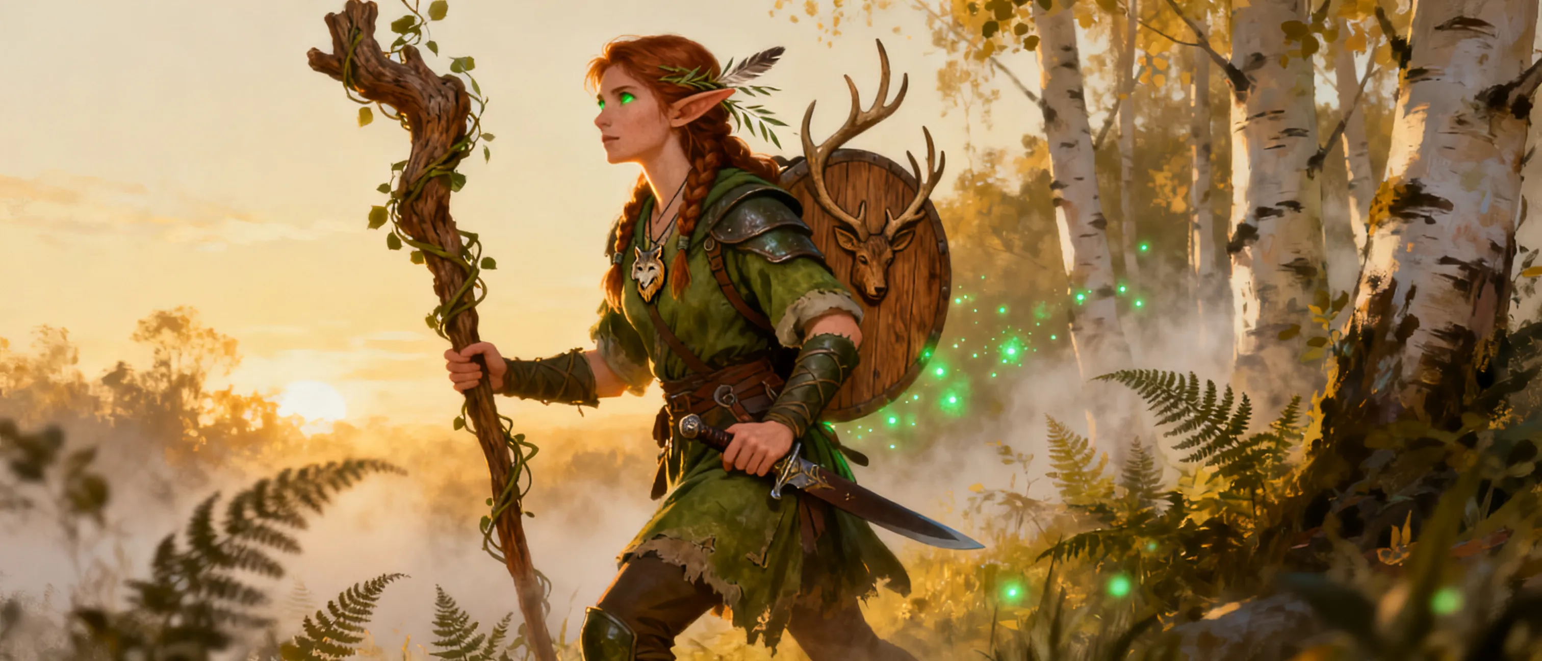 A lean female wood elf in her early twenties by elven reckoning, standing among misty ferns at the edge of a birch grove at dawn. She has sun-bronzed skin, sharp green eyes, and copper-brown hair braided with feathers and willow twigs. She wears supple leather armor dyed moss-green over a patched traveler's tunic, a wooden shield strapped to her back carved with a stag's antlers, and a gnarled oak staff wrapped in living vines. A small carved wolf token — the symbol of her rescue by the nomad band — hangs at her throat. Around her, faint motes of green light drift, hinting at the primal magic in her blood. Style: warm painterly fantasy character portrait, full body, soft forest light.