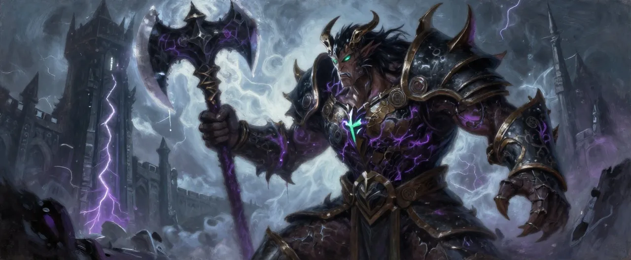 A hulking dragonborn warrior in blackened half plate, his bronze scales cracked and veined with sickly violet Far Realm energy that pulses beneath his hide. His eyes glow with an eerie pale-green light. He grips a massive greataxe whose blade drips with swirling void-stuff. Far Realm symbols crawl across his armor. Behind him looms the black iron of Veyron's fortress, lit by arcs of lightning against the silver astral void.