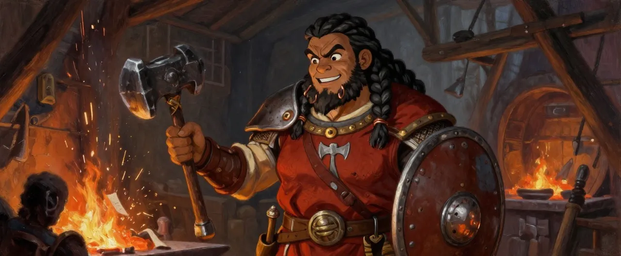 A stout, broad-shouldered dwarven woman in her late thirties, with warm brown skin, thick black braided hair streaked with forge-ash, and a full braided beard bound with copper rings — a point of pride among Deepforge forge-priests. She wears soot-stained scale mail over a rust-red tabard bearing the hammer-and-anvil sigil of the craft-god, a battered round shield on one arm and a squat warhammer with a glowing forge-hot core at her belt. Her expression is loud and warm even in stillness: eyebrows raised mid-argument, a half-smile, eyes sharp as a jeweler's loupe. She stands in Deepforge Outpost's forge hall, sparks drifting behind her, an unfinished letter to her uncle on the anvil beside her.