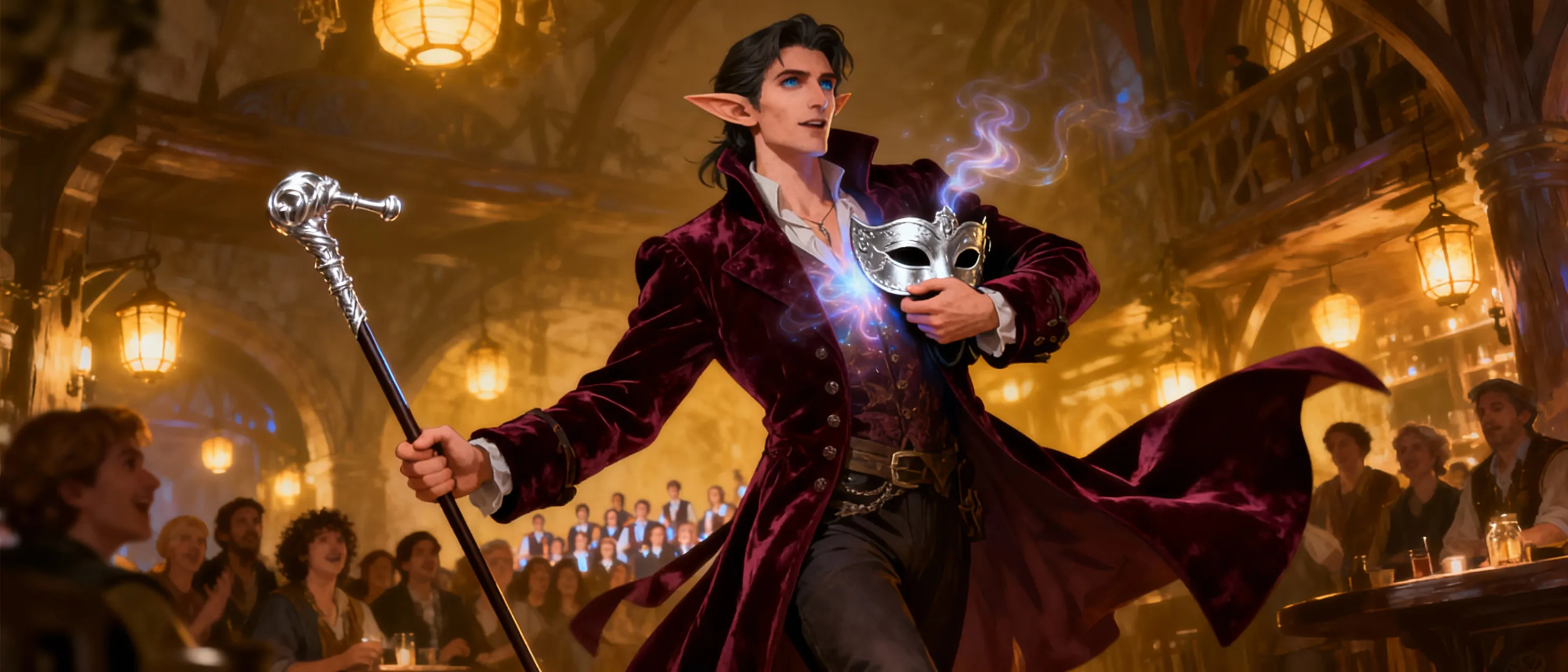 Tall, elegant gentleman in a velvet coat, a cane with a silver mouthpiece, and a silver mask tucked under his arm. His eyes tell a story, and a hidden choir hums within his chest.
