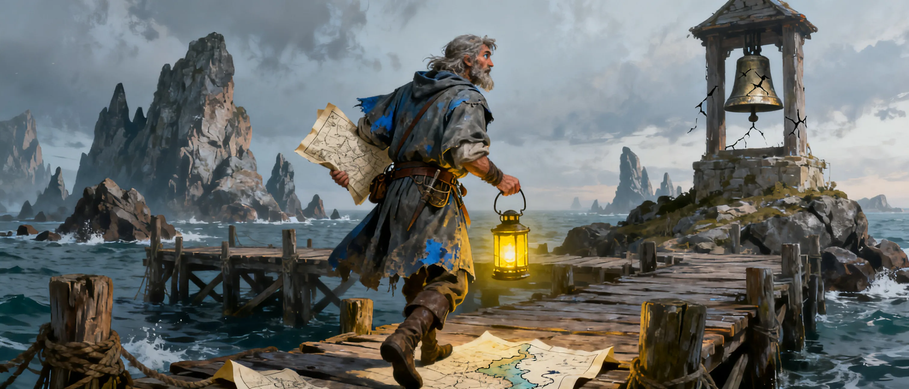 Weathered fisher-historian in sea-worn oilcloth with tide-stained charts, a lantern hook, and sharp watchful eyes; lives among rocky island docks, reefs, and old bell towers.