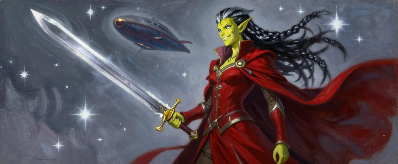 A tall, lean githyanki woman with sharp yellow-green features, pointed ears, and braided dark hair streaked with silver. She wears a long crimson sea-coat over piecemeal half plate, and a silver greatsword gleams at her hip, its blade faintly rippling with psychic energy. Her calculating smile is framed by astral wind; behind her, a githyanki astral skiff sails a silver void dotted with drifting stars.