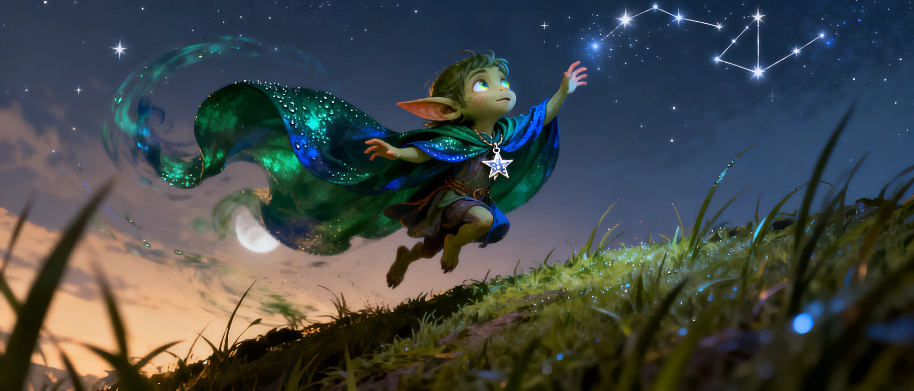 Sazha is a goblin druid who is absolutely enthralled by the twinkling objects in the sky,  She was kicked out of her goblin tribe for being different, kind and timid.  Was found by a wizard at a early age who loved the stars and taught her all about it,