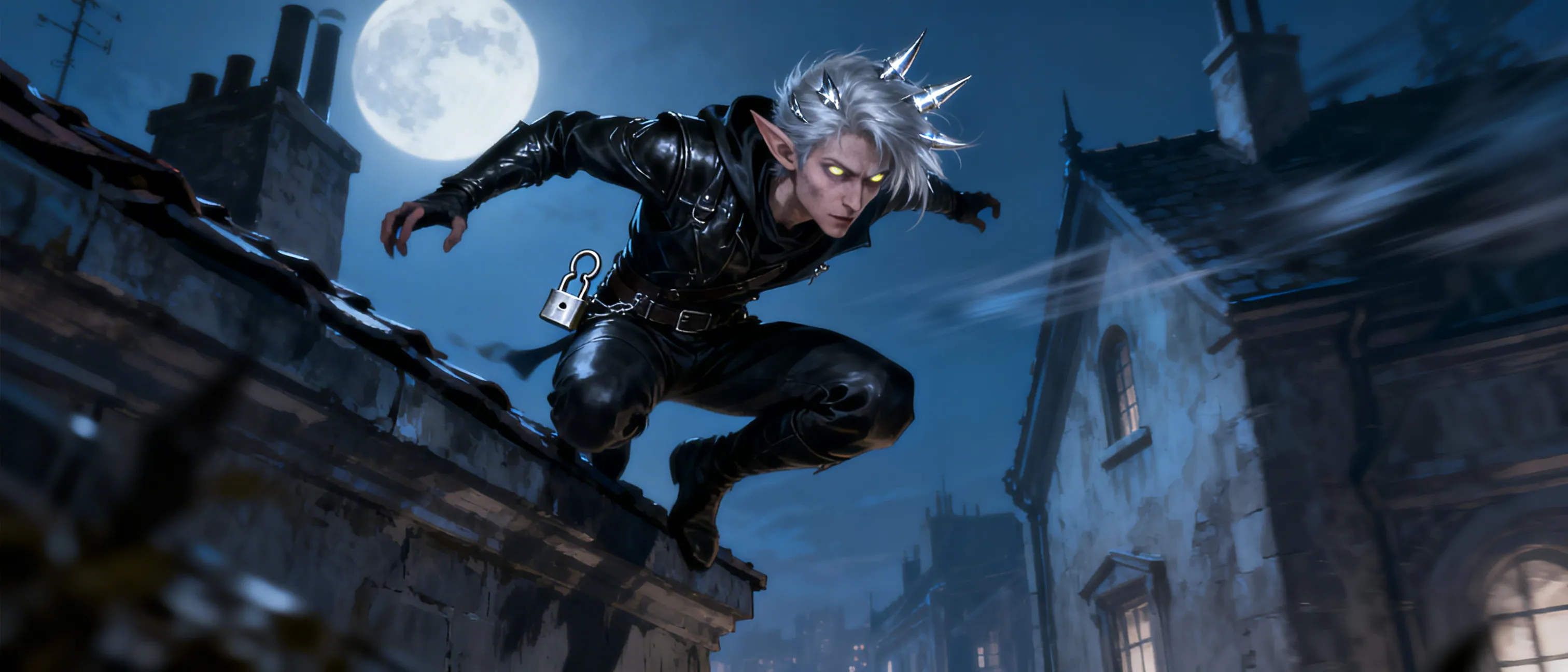A wiry, silver-haired half-elf with unsettlingly bright eyes, perched between two worlds. His leathers are quiet as midnight, and a small lockpick gleams at his belt. He moves like a whispered rumor in a moonlit city.