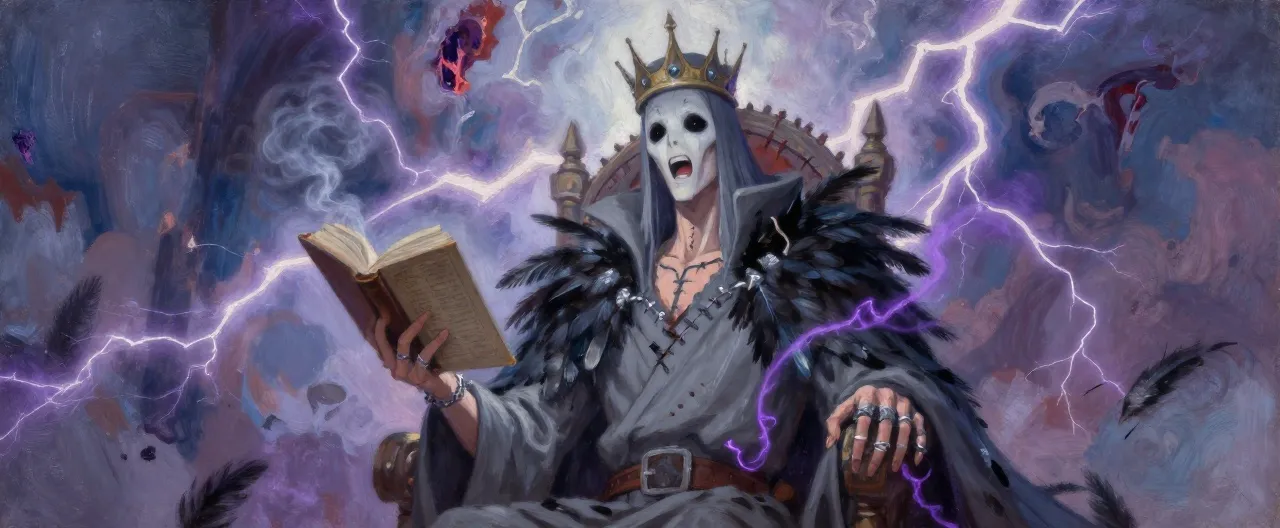 A tall, gaunt man stands before a throne of stitched skin, the pale Codex balanced open upon his brow like a crown. His eyes are not eyes at all — two black pits that drink the lamplight, and his mouth moves a half-second before sound arrives, as if his words travel backwards through the air. He wears layered gray robes dusted with black feathers, silver thread wound around his fingers, and violet whispers curl from the gutter of the tome like smoke. Behind him, a wound in the sky pulses with lightless lightning.