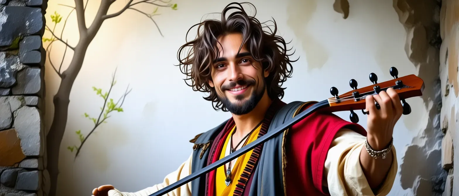 A scruffy bard with messy hair wearing vibrant clothes, a lute slung over his back, and a goofy smile.