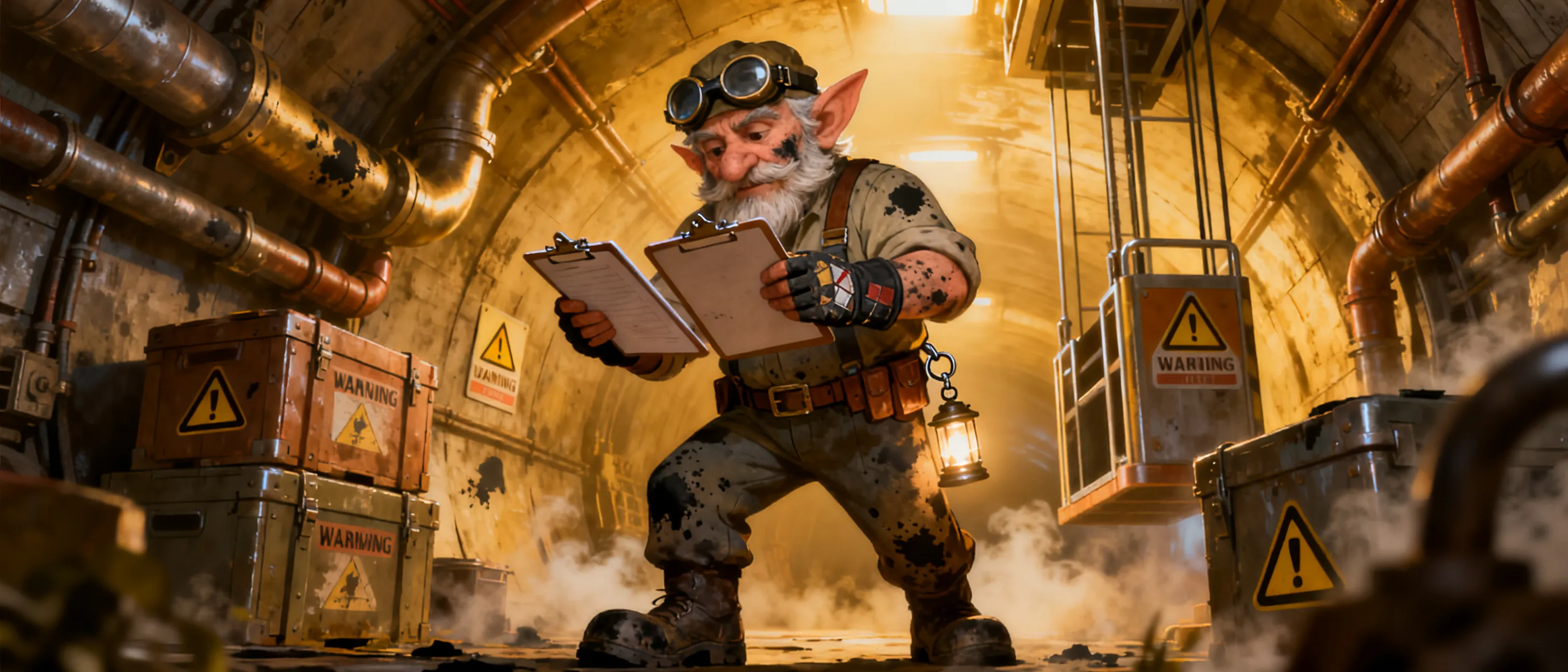 Soot-smeared gnome engineer with goggles, three clipboards, patched work gloves, and a lantern keyring, standing in cramped steam-lit tunnels packed with pipes, lifts, warning signs, and labeled cargo crates.