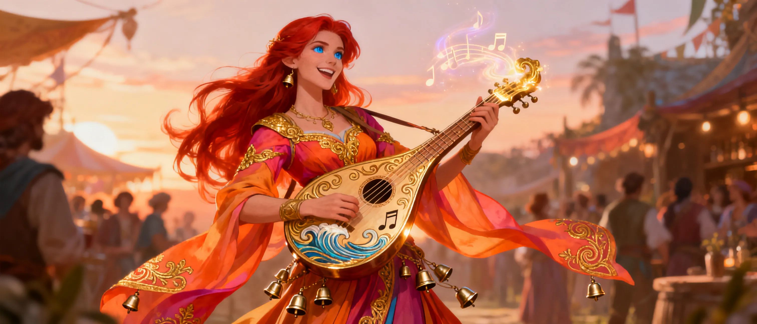 Aurelia stands tall with long, flowing red hair and piercing blue eyes. She garbs herself in vibrant, flowing fabrics dyed in sunset hues, accented with golden embroidery and bells that chime softly as she moves. In her hand she carries a gleaming lute carved with swirling motifs of waves and musical notes, a gift from a grateful patron. Her smile is radiant, and her presence feels like a chorus waiting to begin. In the wild, she frequents taverns and festival grounds, drawing crowds with songs that lift hearts and stir memories. Her aura hints at a deity of music’s blessing, and she moves with the confidence of someone who has learned to bend sound itself to her will. The lute is always within reach, its strings catching the light and singing faintly as she thoughts and dreams of melodies yet to be written.