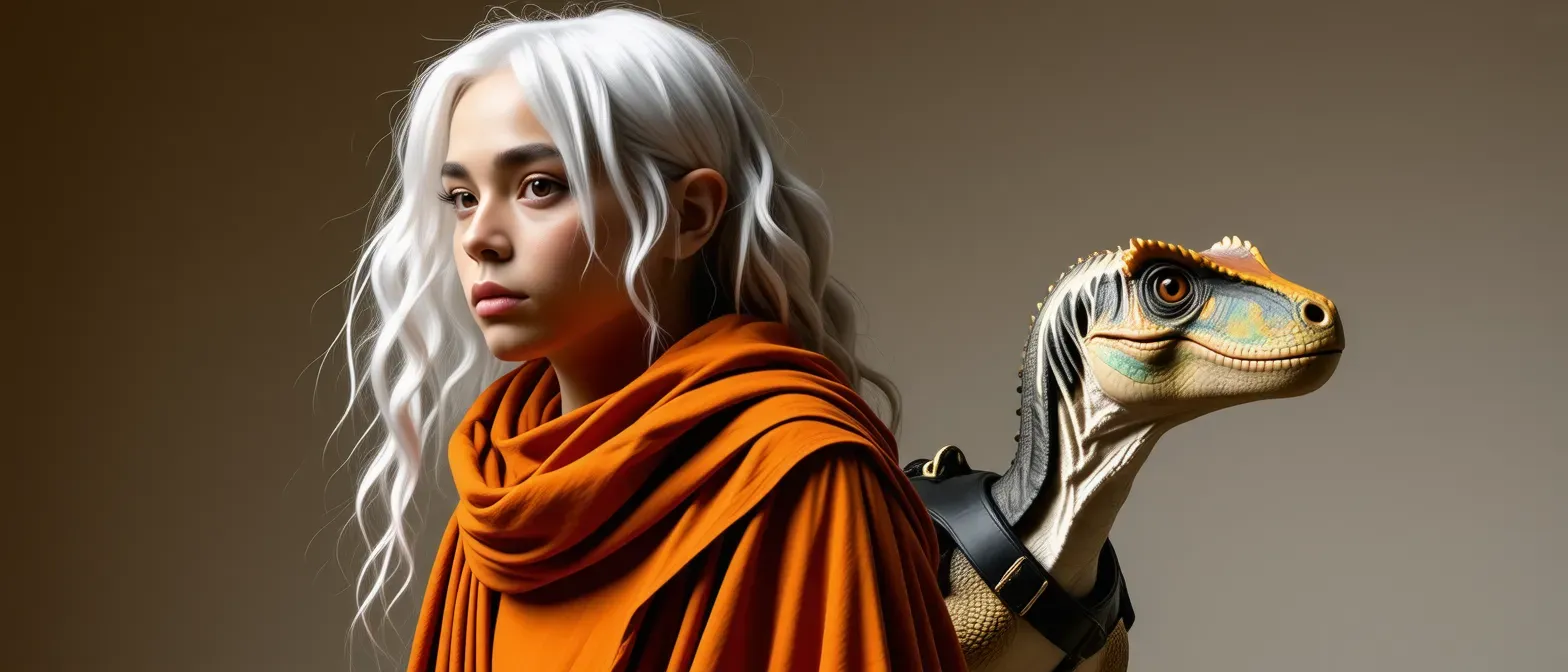 A changeling of average height with silvery hair, sharp features, and vibrant clothing, often changing expression and appearance. A velociraptor can be seen by their side, alert and curious.