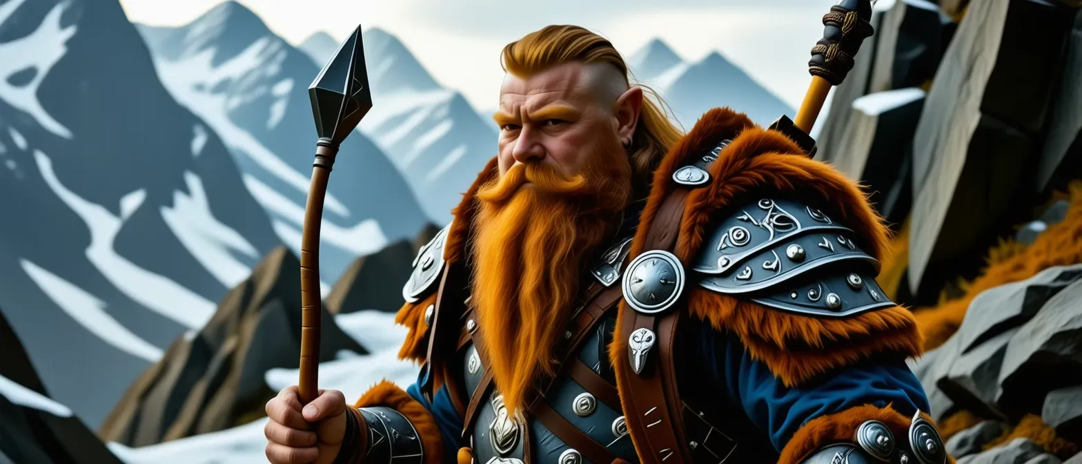 A sturdy Mountain Dwarf with a six-foot rune-etched war-gong, wearing leather armor and carrying a lute. He has a gruff beard and bright eyes filled with passion.