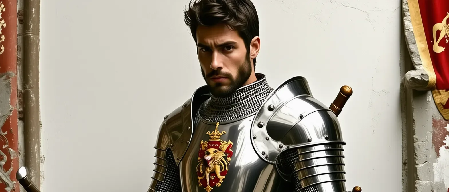 A human knight clad in shining armor, with a determined expression, and a family crest bearing the symbol of a lion.