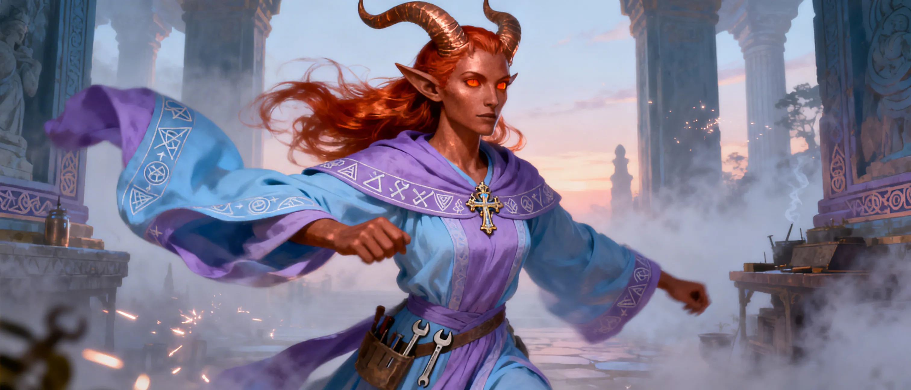 the goddess of creation has long red hair, copper skin, orange eyes, and wears pastel blue and lavender