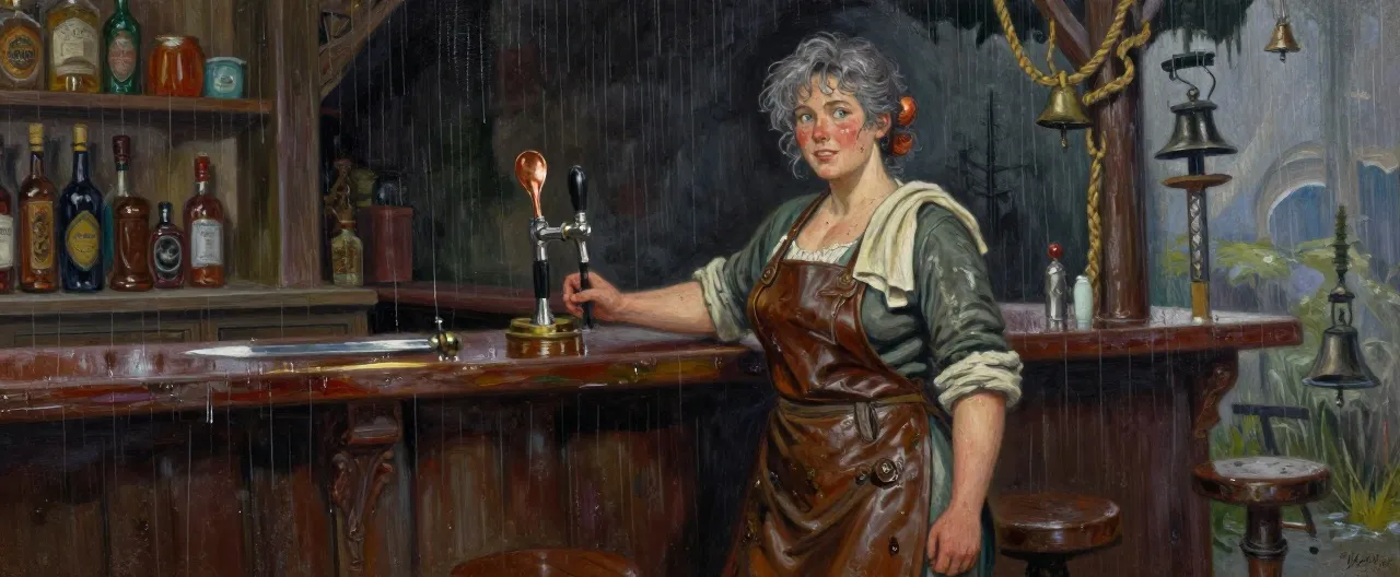 A broad-shouldered woman in her forties stands behind a rain-warped bar, sleeves rolled over forearms like mooring rope. Marla Fen has wind-chapped cheeks, a mop of iron-gray curls pinned back with a copper spoon, and eyes that miss nothing — the flat, patient stare of someone who has priced a hundred secrets. She wears a leather apron over a woolen dress and boots caked with Blackfen peat; a bar towel is slung over one shoulder, and her hand rests near a tap handle she could break over a skull. Behind her, a bell rope hangs through a floor hatch to the drowned bell tower, and a single silver dagger gleams under the bar's lip. Her vocabulary is saltier than the bog, but her smile is genuine when she trusts you — and rarer than gold when she doesn't.