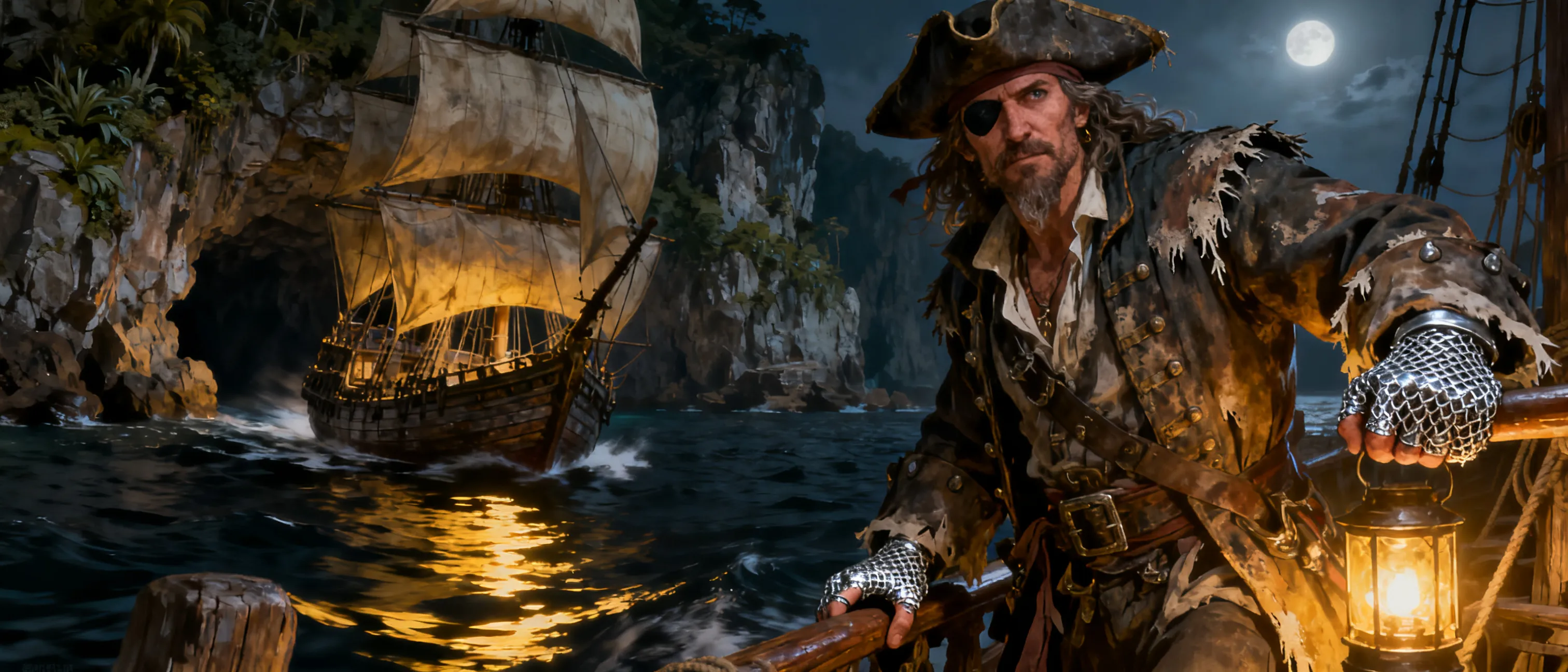 One-eyed privateer captain in salt-worn coat, scarred silver-net hands on a ship rail, lantern light on dark water, with a fast sloop and hidden smuggler cove behind her.