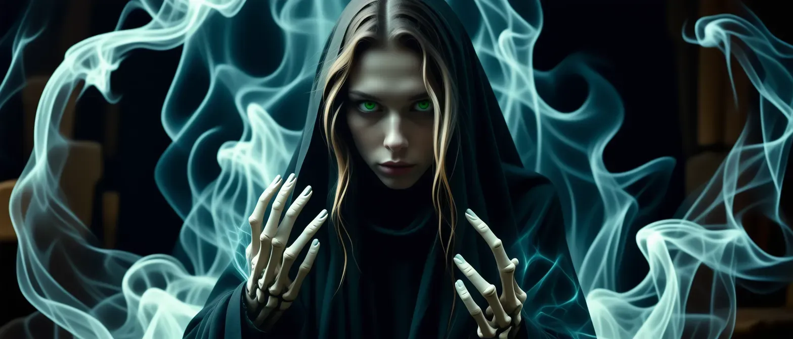 A pale-skinned human in dark robes, with piercing green eyes and skeletal hands. Surrounded by ethereal wisps of magic.