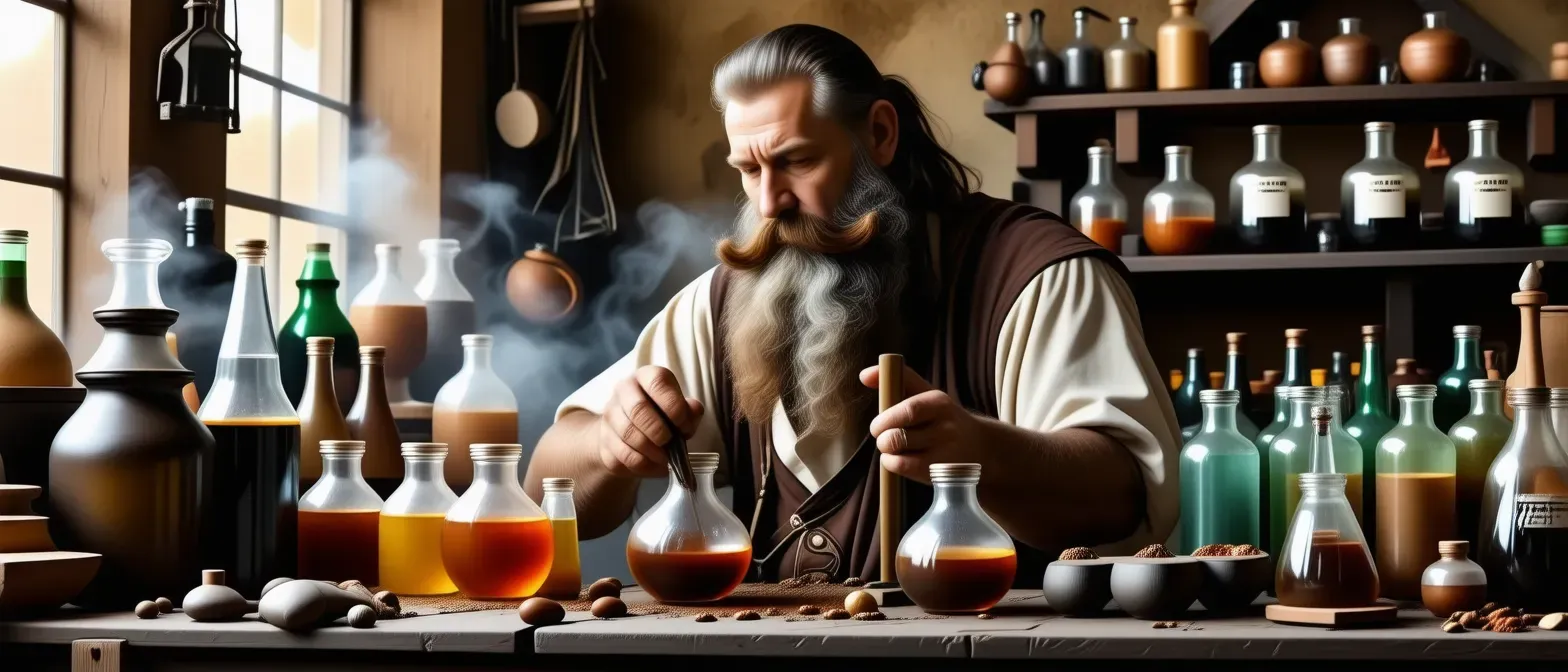 A short, stout alchemist with a long beard, focused on blending potions in a cluttered workshop.