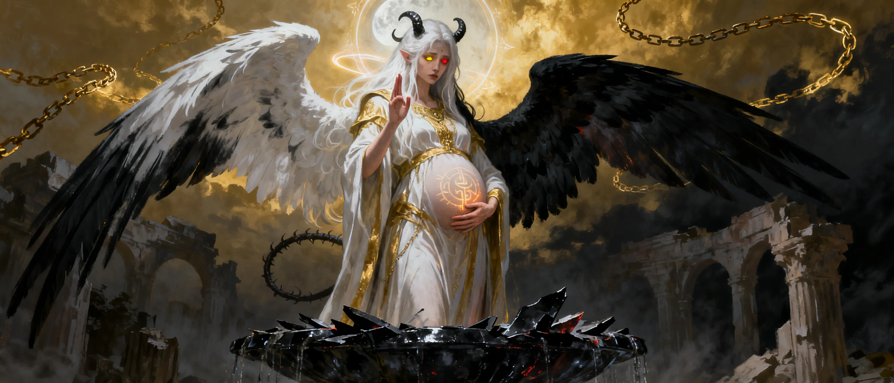 A angel who is tasked with stopping the king of hell from breaking into thr mortal plane must seal the 1000 fountains of darkness opening across the world. But each time she does she grows pregnant and drifts closer to that of a demon. Her pure while wings and hair turn black and she grows horns and a tail. She grows heavily pregnant to. Then when she seals the last fountain she becomes the wife of the king of hell. The prophecy says when she gives birth heaven will fall to ruin, she was tricked. She must find a way to break the prophecy without marrying thr king of hell.
