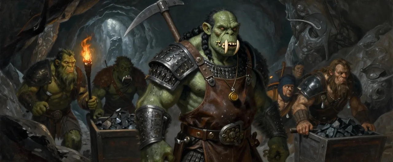 A massive gray-green orc stands at the mouth of a mine shaft, torchlight glinting off his filed iron jaw-plate — a war trophy bolted over his broken tusk. He wears a battered scale mail cuirass under a foreman's leather apron, a heavy war pick resting on one shoulder, a brass whistle on a cord around his thick neck. Behind him, a mixed crew of orcs, dwarves, and humans haul ore carts into the dark of Iron Vein Mine. Ash dust clings to his braided black hair; his eyes are tired, watchful, and utterly unafraid. Painterly dark-fantasy style, warm lamplight against cold mountain stone, medium shot, gritty texture of sweat, soot, and iron.