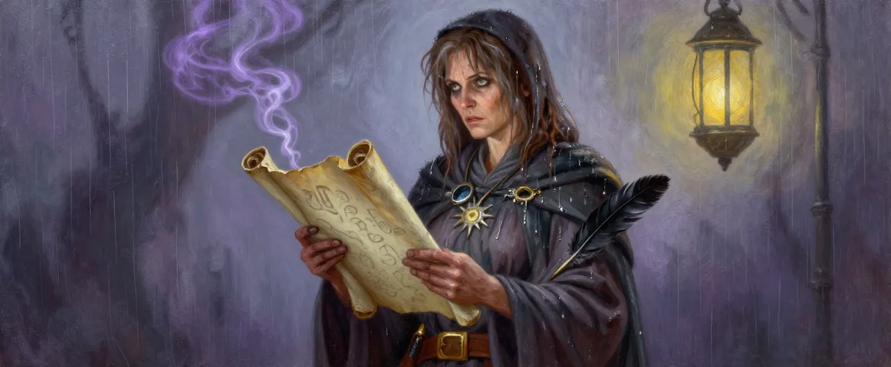 A gaunt, middle-aged human woman in a rain-darkened scholar's robe stands at the edge of lantern light, clutching a lead-lined scroll case to her chest like a shield. Her fingers are stained black to the knuckle with ink, her brown hair streaked with gray and plastered by bog-mist. Her eyes are haunted — wide, sleepless, ringed with shadow — yet fixed with terrible resolve. A cracked monocle hangs from a cord around her neck beside a tarnished silver symbol of a winged sun. At her belt: a spellbook wrapped in oilcloth, a calligrapher's pen, and a single black feather she keeps as a warning. Behind her, faint violet whispers curl from the seam of the scroll case like smoke forming half-seen runes.